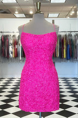Spaghetti Straps Hot Pink Bodycon Mini Dress,Graduation Dresses outfit, Homecoming Dress Modest