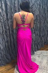 Spaghetti Straps Hot Pink Corset Corset Prom Dress with Slit Gowns, Spaghetti Straps Hot Pink Corset Prom Dress with Slit