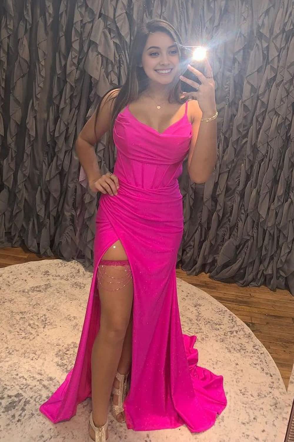 Spaghetti Straps Hot Pink Corset Corset Prom Dress with Slit Gowns, Spaghetti Straps Hot Pink Corset Prom Dress with Slit