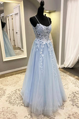 Spaghetti Straps Light Blue Lace Corset Prom Dresses, Light Blue Lace Corset Formal Evening Dresses outfit, Evening Dresses Princess