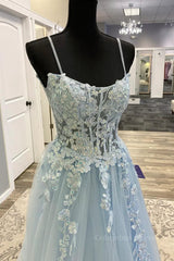Spaghetti Straps Light Blue Lace Corset Prom Dresses, Light Blue Lace Corset Formal Evening Dresses outfit, Evening Dresses Classy