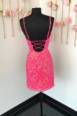 Spaghetti Straps Pink Sequins Short Corset Homecoming Dress with Criss Cross Back Gowns, Homecoming Dresses Unique