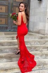 Spaghetti Straps Red Long Corset Prom Dress with Appliques Gowns, Spaghetti Straps Red Long Prom Dress with Appliques