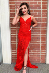 Spaghetti Straps Red Long Corset Prom Dress with Appliques Gowns, Spaghetti Straps Red Long Prom Dress with Appliques