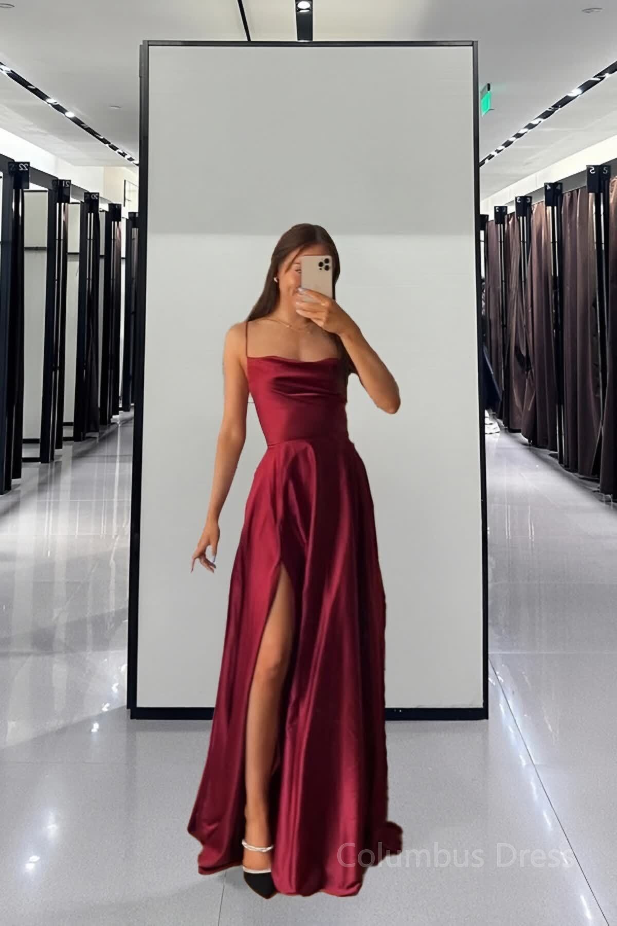 Spaghetti Straps Red Long Corset Prom Dresses,Satin A-Line Evening Gown Long Corset Prom Dress with Slit Gowns, Spaghetti Straps Red Long Prom Dresses