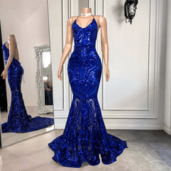 Spaghetti-Straps Royal Blue Long Mermaid Corset Prom Dress With Sequins Gowns, Bridesmaid Dresses Mismatched Neutral