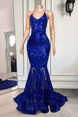 Spaghetti-Straps Royal Blue Long Mermaid Corset Prom Dress With Sequins Gowns, Bridesmaid Dresses Hunter Green