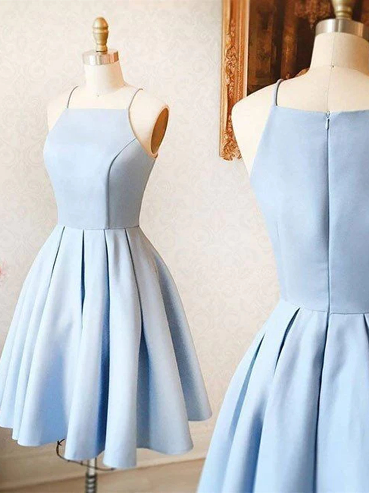 Spaghetti Straps Short Light Blue Corset Prom Dresses, Short Light Blue Graduation Corset Homecoming Dresses outfit, Party Dress Jeans