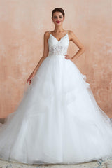 Spaghetti Straps V-neck Lace Organza Tiered A-line Corset Wedding Dresses outfit, Wedding Dress Southern