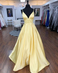 Spaghetti Straps V-neck Long Daffodil Simple Satin Corset Prom Dresses outfit, Corset Dress