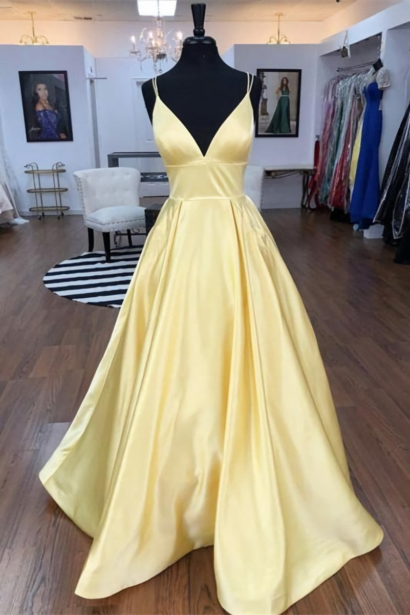 Spaghetti Straps V-neck Long Daffodil Simple Satin Corset Prom Dresses outfit, Evening Dress