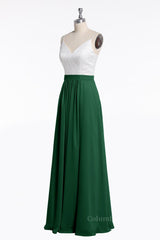 Spaghetti Straps White and Green Chiffon Long Corset Bridesmaid Dress outfit, Bridesmaids Dress Peach