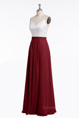Spaghetti Straps White and Wine Red Chiffon Long Corset Bridesmaid Dress outfit, Bridesmaid Dress Different Styles