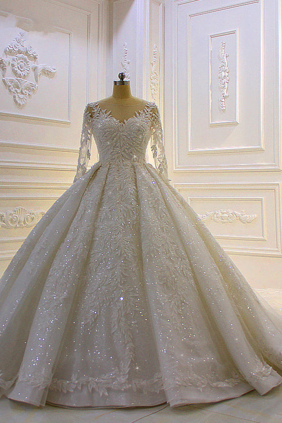 Sparkle 3D Lace Appliques Long Sleevess Church Train Corset Wedding Dress outfit, Wedding Dresses Website