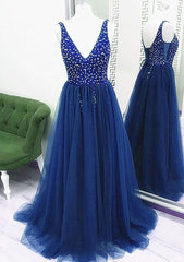 Sparkle Beaded Tulle V-neckline Floor Length Party Dress, Blue Junior Corset Prom Dresses Corset Formal Dresses outfit, Prom Dresses Blue Long