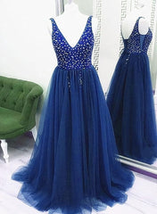 Sparkle Beaded Tulle V-neckline Floor Length Party Dress, Blue Junior Corset Prom Dresses Corset Formal Dresses outfit, Prom Dress Blue Long