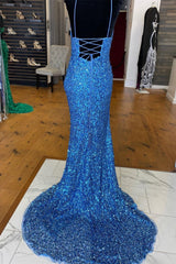 Sparkle Blue Sequin Corset Prom Dresses Iridescent Mermaid Long Corset Formal Dresses Side Slit outfit, Long Sleeve Dress