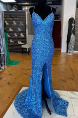 Sparkle Blue Sequin Corset Prom Dresses Iridescent Mermaid Long Corset Formal Dresses Side Slit outfit, Black Tie Wedding