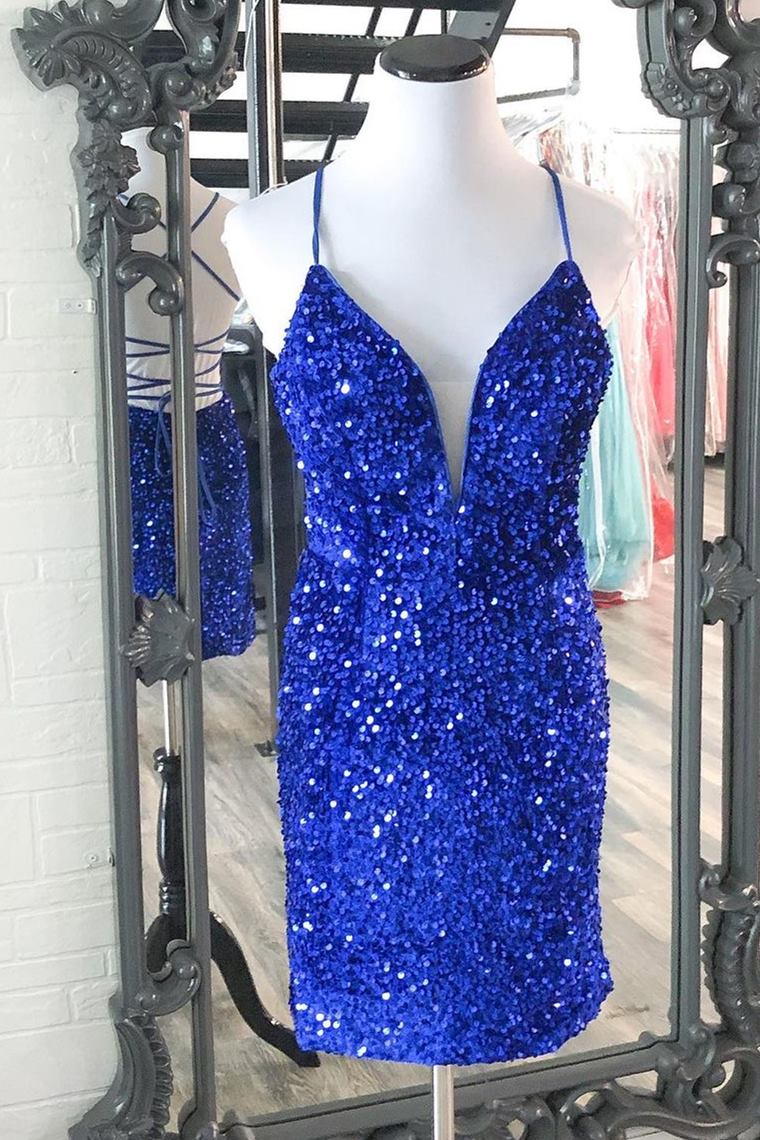 Sparkle Royal Blue Sequins Bodycon Mini Cocktail Dresses outfit, Homecoming Dresses Tight Short