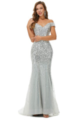 Sparkle Silver Mermaid Beaded Cap Sleeves Off-The-Shoulder Corset Prom Dresses outfit, Prom Dress Casual