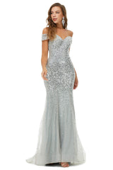 Sparkle Silver Mermaid Beaded Cap Sleeves Off-The-Shoulder Corset Prom Dresses outfit, Prom Dress Sales