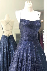 Sparkly Backless Navy Blue Long Corset Prom Dresses, Open Back Long Navy Blue Corset Formal Evening Dresses outfit, Club Outfit