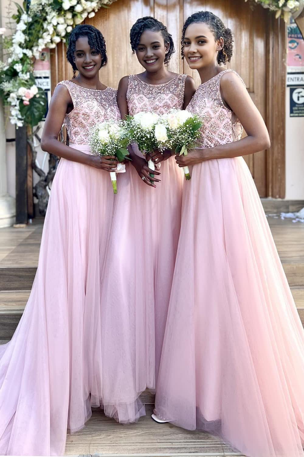 Sparkly Beaded Long Tulle Corset Bridesmaid Corset Prom Dress outfits, Sparkly Beaded Long Tulle Bridesmaid Prom Dress