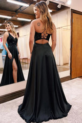 Sparkly Black A-Line Long Corset Prom Dress with Pockets Gowns, Sparkly Black A-Line Long Prom Dress with Pockets