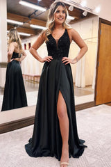 Sparkly Black A-Line Long Corset Prom Dress with Pockets Gowns, Sparkly Black A-Line Long Prom Dress with Pockets
