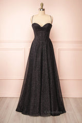 Sparkly Black Lace-Up A-line Sweetheart Long Corset Prom Dress outfits, Prom Dresses Laced