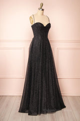 Sparkly Black Lace-Up A-line Sweetheart Long Corset Prom Dress outfits, Prom Dresses Laces
