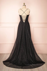 Sparkly Black Lace-Up A-line Sweetheart Long Corset Prom Dress outfits, Prom Dress Lace
