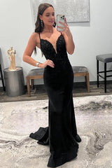 Sparkly Black Mermaid Long Corset Prom Dress with Sequins Gowns, Sparkly Black Mermaid Long Prom Dress with Sequins