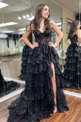 Sparkly Black Off The Shoulder Tiered Corset Corset Prom Dress outfits, Sparkly Black Off The Shoulder Tiered Corset Prom Dress