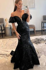 Sparkly Black Sequin Off the Shoulder Long Corset Prom Dress outfits, Sparkly Black Sequin Off the Shoulder Long Prom Dress