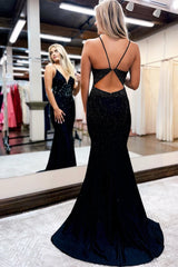 Sparkly Black Sequins Open Back Long Corset Prom Dress outfits, Sparkly Black Sequins Open Back Long Prom Dress