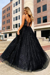 Sparkly Black Spaghetti Straps A-Line Corset Prom Dress outfits, Sparkly Black Spaghetti Straps A-Line Prom Dress