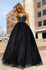 Sparkly Black Spaghetti Straps A-Line Corset Prom Dress outfits, Sparkly Black Spaghetti Straps A-Line Prom Dress