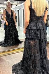 Sparkly Black Tiered Long Corset Prom Dress with Slit Gowns, Sparkly Black Tiered Long Prom Dress with Slit
