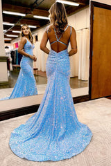 Sparkly Blue Mermaid Sequins Long Backless Corset Prom Dress outfits, Sparkly Blue Mermaid Sequins Long Backless Prom Dress
