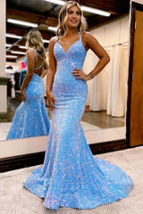 Sparkly Blue Mermaid Sequins Long Backless Corset Prom Dress outfits, Sparkly Blue Mermaid Sequins Long Backless Prom Dress