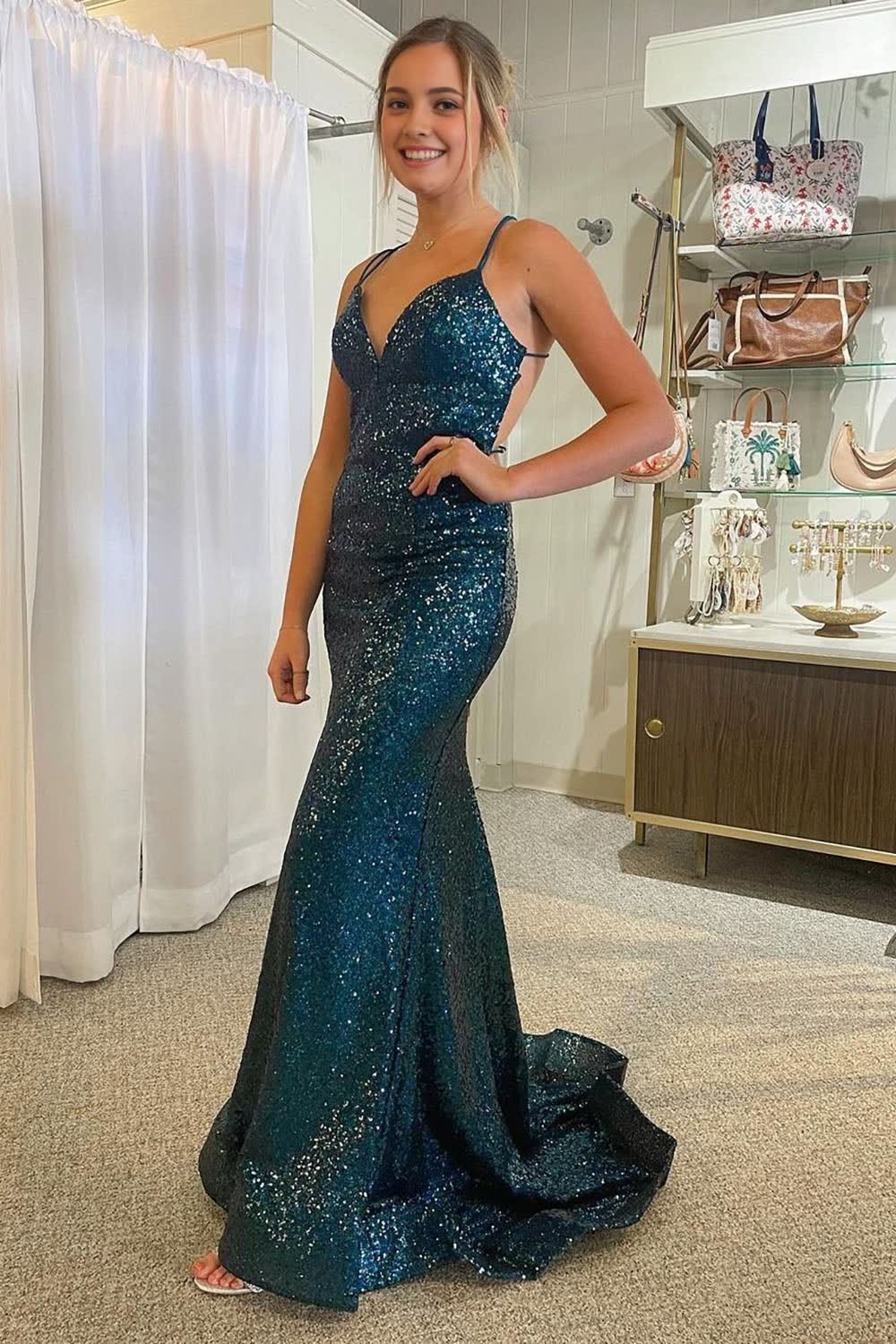 Sparkly Dark Green Mermaid Sequins Long Corset Prom Dress with Lace-Up Back Gowns, Sparkly Dark Green Mermaid Sequins Long Prom Dress with Lace-Up Back