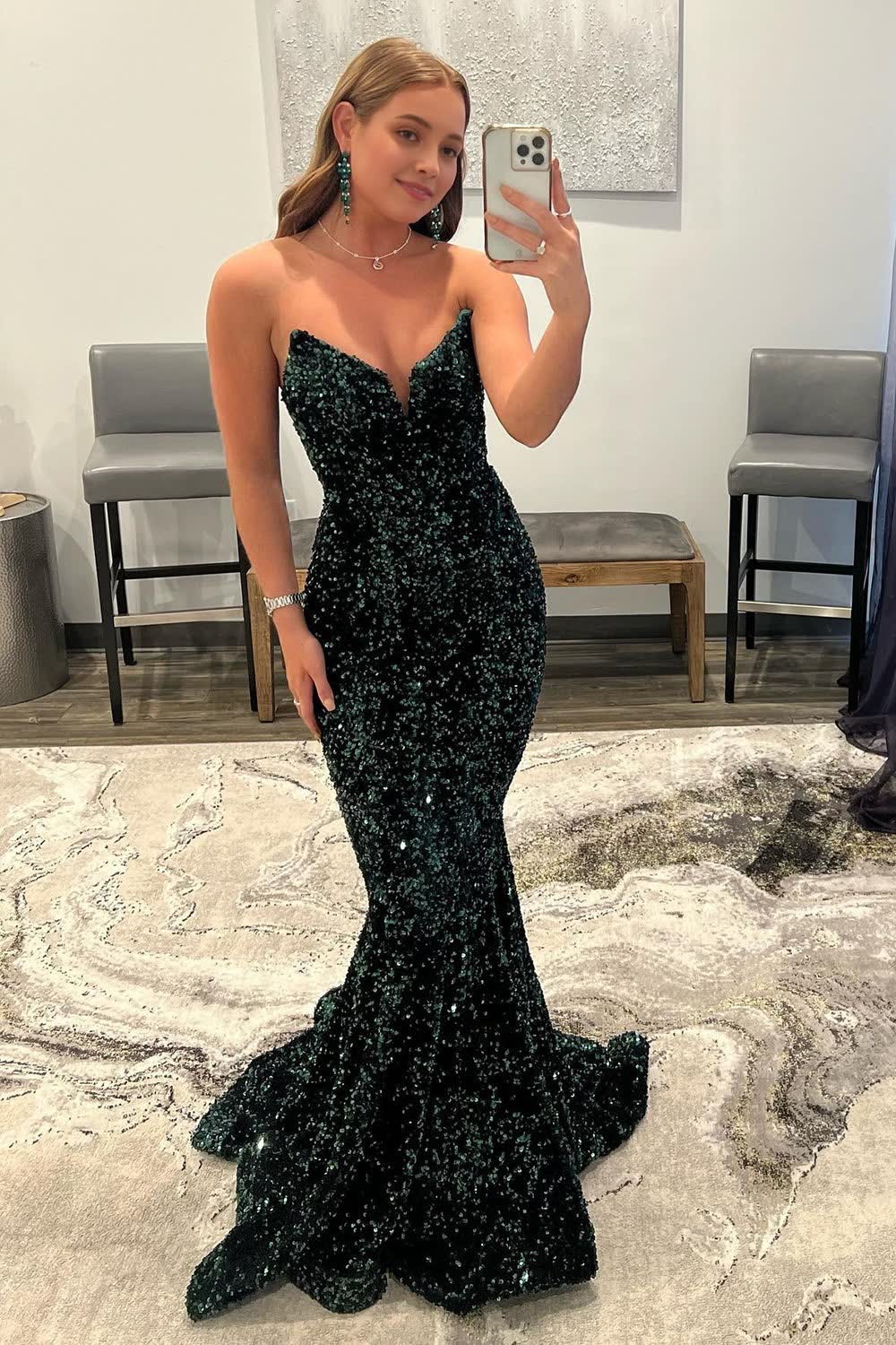 Sparkly Dark Green Sequins Mermaid Sweetheart Long Corset Prom Dress outfits, Sparkly Dark Green Sequins Mermaid Sweetheart Long Prom Dress