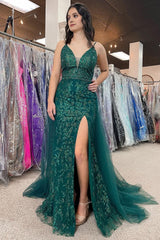 Sparkly Dark Green Tulle Sequin Detachable Train Corset Prom Dress with Slit Gowns, Sparkly Dark Green Tulle Sequin Detachable Train Prom Dress with Slit