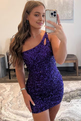 Sparkly Dark Purple Open Back One Shoulder Sequins Tight Corset Homecoming Dress outfit, Sparkly Dark Purple Open Back One Shoulder Sequins Tight Homecoming Dress