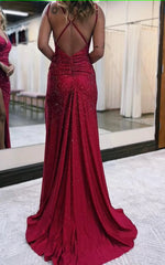 Sparkly Dark Red One Shoulder Sheath Long Corset Prom Dress with Slit Gowns, Sparkly Dark Red One Shoulder Sheath Long Prom Dress with Slit