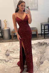 Sparkly Dark Red Sequins Long Corset Prom Dress with Slit Gowns, Sparkly Dark Red Sequins Long Prom Dress with Slit