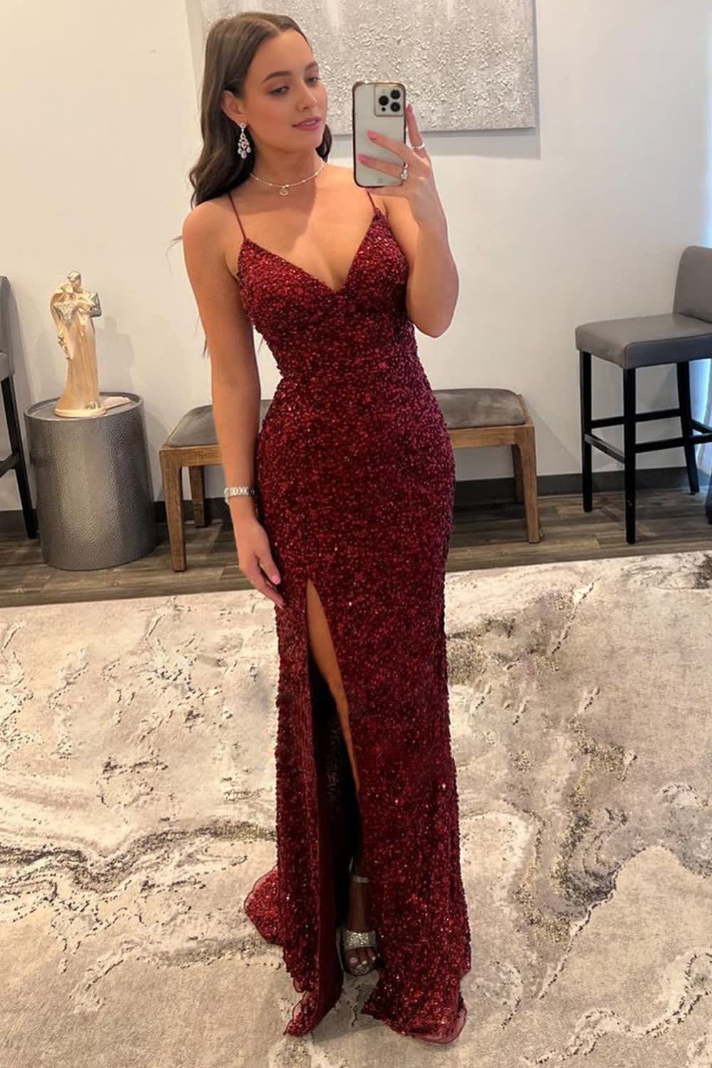 Sparkly Dark Red Sequins Long Corset Prom Dress with Slit Gowns, Sparkly Dark Red Sequins Long Prom Dress with Slit