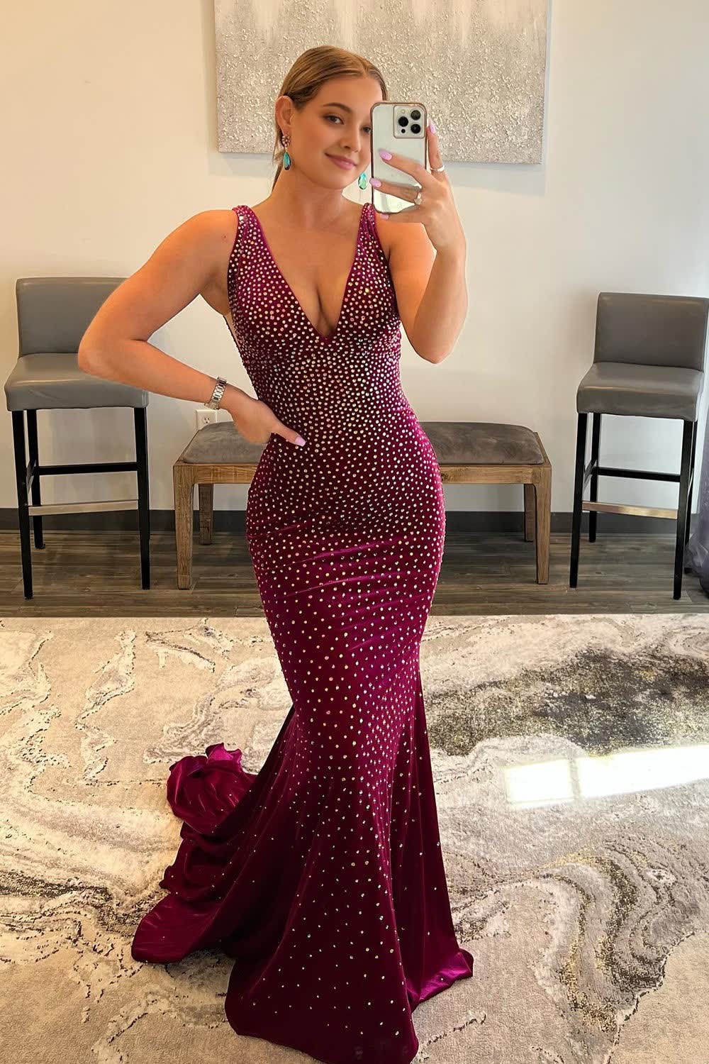 Sparkly Fuchsia Sequins Backless Mermaid Long Corset Prom Dress outfits, Sparkly Fuchsia Sequins Backless Mermaid Long Prom Dress