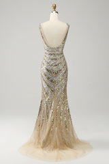 Sparkly Golden V-Neck Sequins Long Corset Prom Dress outfits, Sparkly Golden V-Neck Sequins Long Prom Dress